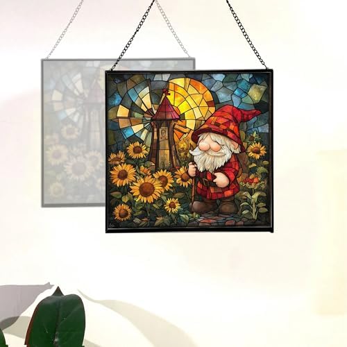 Gnome with Windmill Garden Stained Glass Suncatcher – Square Hanging Window Panel for Home or Greenhouse – Whimsical Glass Art Gift for Garden Lovers, Christmas, Halloween, Father Days HML9Z6 - Image 4