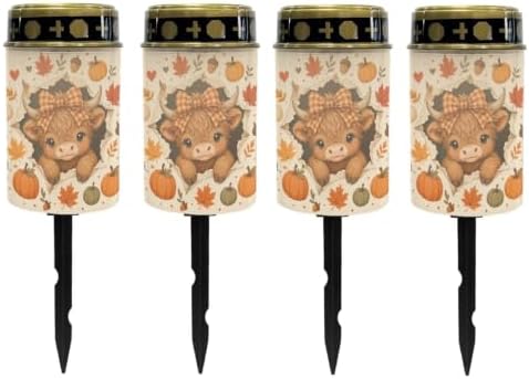 Poceacles Fall Decor Solar Lights Garden Cemetery Flameless Candle Pillar Candle Solar Garden Stake Lights for Thanksgiving Day Decorations, Highland Cow Pumpkin, 4 Pack by Poceacles