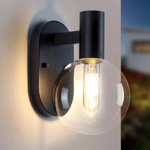 Outdoor Wall Light Fixture, Indoor Outdoor Wall Sconce, Waterproof Outdoor Porch Light, Black Vanity Light Fixture with Clear Globe Glass, Anti-Rust E26 Socket for Bathroom, Garage, Patio by CAISENS