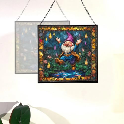 Raindrop Dance Gnome Stained Glass Suncatcher – Square Hanging Window Panel for Home or Greenhouse – Whimsical Glass Art Gift for Garden Lovers, Christmas, Halloween, Father Days yzbjUI - Image 4