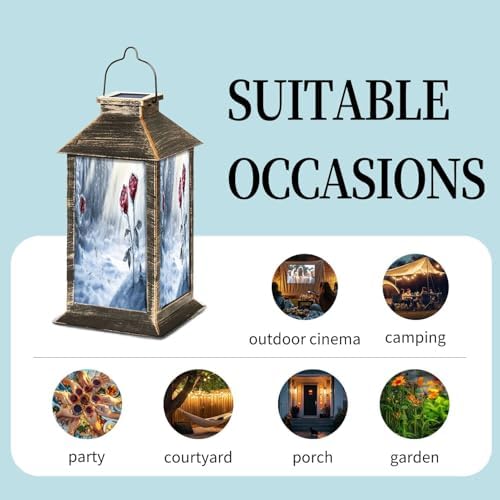 Solar Lantern Snowy Day Stained Glass Roses Sparkling Reflections Outdoor Waterproof Garden Hanging Lantern Solar Powered Lighting Outside Table Lamp for Patio Deck Camping 1 Pack - Image 5