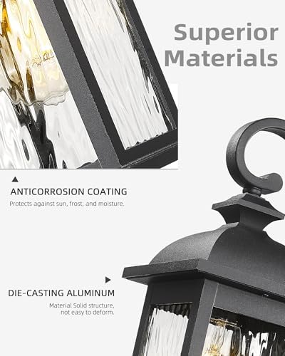 FEMILA Dusk to Dawn Exterior Wall Sconce, 15" Front Porch Light Fixtures Wall Mount for Patio, Garage, Garden, UL Listed, Matte Black Water Ripple Glass, 4FD54B-PC BK-WP - Image 3