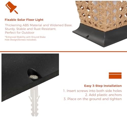 Solar Yard 2-Piece Outdoor Floor Lamp Solar Lantern, Water-Resistant Wicker Boho Patio Light with 50&100 Lumens Dual Brightness for Garden Porch Deck Decor, Large Diamond Natural - Image 5