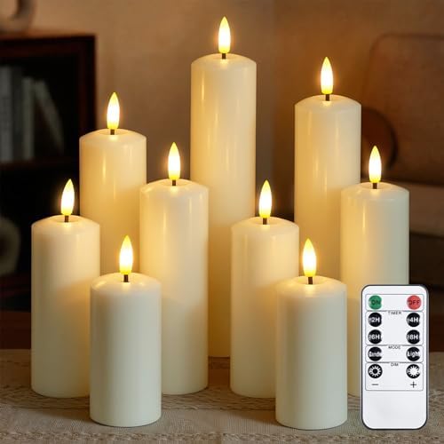 Pack of 9 Real Wax Pillars Flameless Candles with Remote, 400H Battery Operated Flickering LED 3D-Wick Warm Lights, 2/4/6/8H Timer for Home Decor(2" x 4" 4" 5" 5" 6" 6" 7" 8" 9" Ivory) by Mavandes