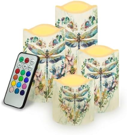 Dragonfly Floral Flameless Candles with Remote Timer Flickering LED Pillar Candles Color Changing Set of 4 Battery Operated Candles Indoor Outdoor Home Table Beach Wedding Decoration by Uorisanigo