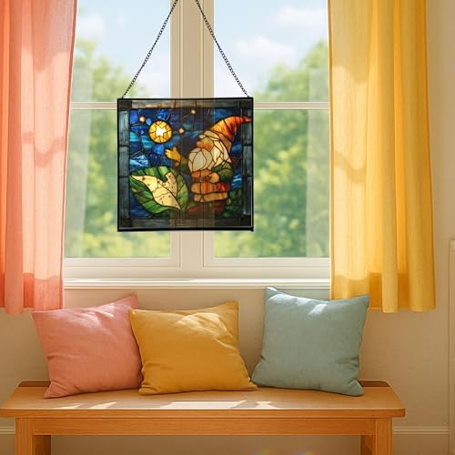 Gnome with Night Sky map Stained Glass Suncatcher – Square Hanging Window Panel for Home, Garden, Nursery, Halloween, Christmas, Memorial Day – Whimsical Glass Art Gift for Gnome Lovers uieqyf - Image 5