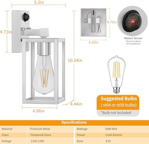 2 Pack Silver Motion Sensor Outdoor Light Fixtures Wall Mount, Dusk to Dawn Front Porch Lights for House, Exterior Wall Sconce, Waterproof Lantern Lamp,Outside Coach Light for Garage Entryway Yard - Image 6