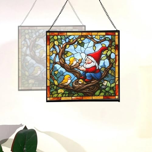 Gnome with Baby Birds Stained Glass Suncatcher – Square Hanging Window Panel for Home, Garden, Nursery, Halloween, Christmas, Memorial Day – Whimsical Glass Art Gift for Gnome Lovers n0kdzi - Image 4