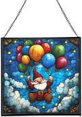 Gnome Balloon Ride Stained Glass Suncatcher – Square Hanging Window Panel for Home or Greenhouse – Whimsical Glass Art Gift for Garden Lovers, Christmas, Halloween, Father Days 7bMllP by Custom