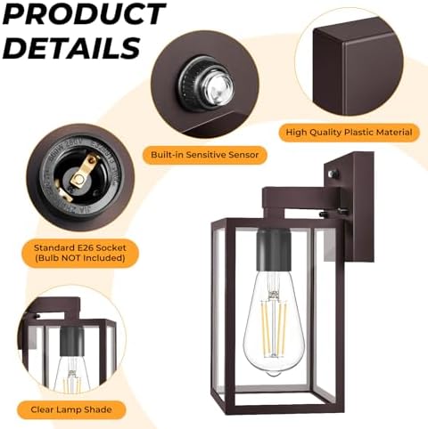 FOLKSMATE 2 Pack Dusk to Dawn Outdoor Wall Light Fixtures, Exterior Porch Light, Waterproof Wall Sconces Lanterns, Sensor Lighting Wall Mount for House Doorway Garage, Dark Chocolate - Image 4