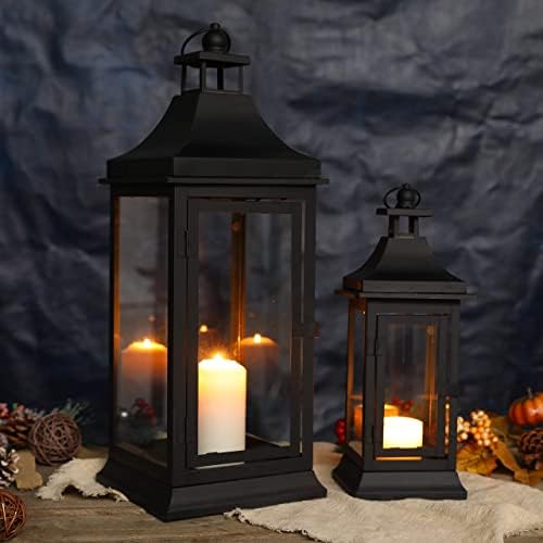 JHY DESIGN Set of 2 13''&19.5''Tall Outdoor Candle Lanterns Vintage Hanging Tower Lantern Metal Candle Holder for Garden Living Room Indoor Outdoor Parties Weddings Balcony(Black) - Image 3