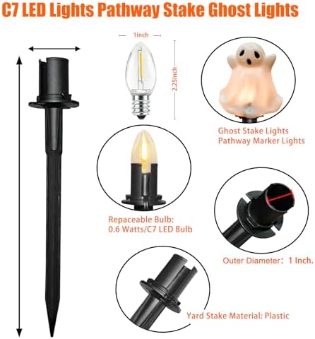 SUNSGNE Halloween Ghost Pathway Lights Outdoor, Set of 4 Ghost Halloween Stake Path Lights with C7 LED Bulbs for Outdoor Yard Walkway Garden Party Decoration - Image 3