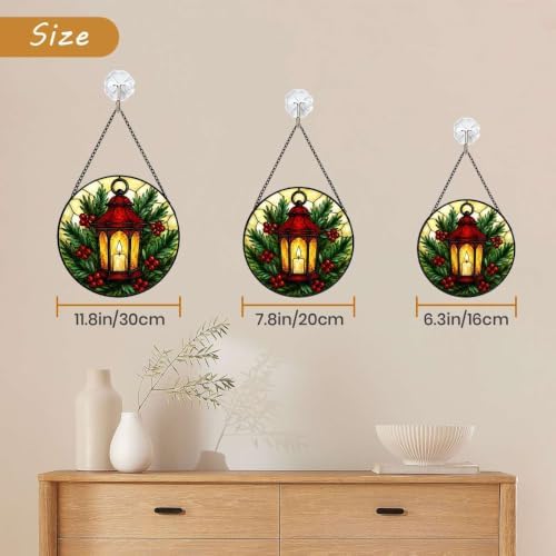 Stained Glass Suncatcher Christmas Lantern Window Hanging, Holiday Home Decor with Red Berries and Pine, Unique Gift for Mom, Wife, Her, Winter Garden Wall Art (Mixed,11.8×11.8 in) - Image 2