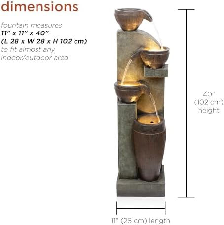 Alpine Corporation 40” Tall Indoor/Outdoor 4-Tier Fountain with LED Lights, Cascading Pot and Bowl Water Feature, Elegant Waterfall for Garden, Patio & Home, Brown - Image 3