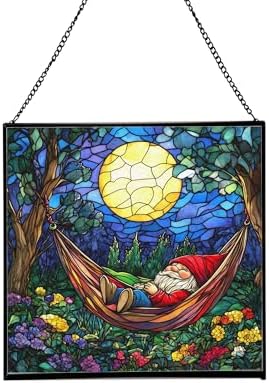Moonrise Hammock Gnome Stained Glass Suncatcher – Square Hanging Window Panel for Home or Greenhouse – Whimsical Glass Art Gift for Garden Lovers, Christmas, Halloween, Father Days Tduknz by Custom