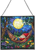 Moonrise Hammock Gnome Stained Glass Suncatcher – Square Hanging Window Panel for Home or Greenhouse – Whimsical Glass Art Gift for Garden Lovers, Christmas, Halloween, Father Days Tduknz by Custom