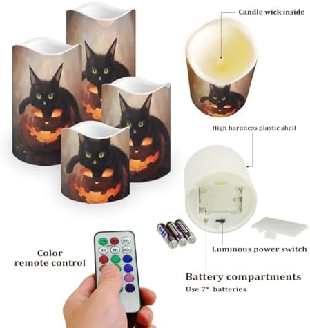 Jack O Lantern Black Cat Battery Operated Candles with Flickering Flame Timer Flameless Fake Pillar Candles Color Changing Led Electric Candles Tea Light for Halloween Party Home Decor - Image 3