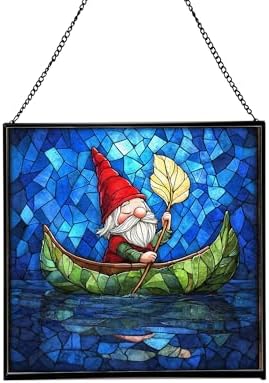 Gnome Canoe Ride Stained Glass Suncatcher – Square Hanging Window Panel for Home or Greenhouse – Whimsical Glass Art Gift for Garden Lovers, Christmas, Halloween, Father Days WaScGY by Custom