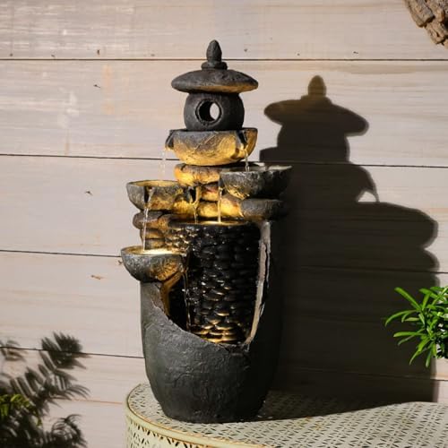 Tankana Zen Tiered Rock Water Fountain Outdoor, Stone Look Cascading Indoor Waterfall Fountains with Built-in Warm LED Lights, Japanese Tabletop Fountain for Patio Balcony Yard Meditation Decor - Image 2