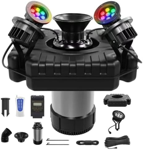 AirWire Pond Fountain Aerator, 1HP 750W 15000GPH 110V High Flow FloatingPond, Pure Copper Motor & Stainless Steel Body, with Timer & 100' Power Cord +2x100' Guide Ropes for Pond Lake, 4 RGB Lights by AirWire