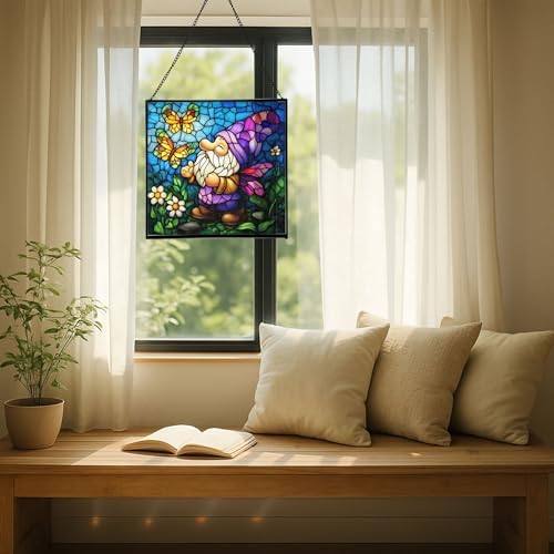 Butterfly Catcher Gnome Stained Glass Suncatcher – Square Hanging Window Panel for Home or Greenhouse – Whimsical Glass Art Gift for Garden Lovers, Christmas, Halloween, Father Days K7Li0G - Image 7