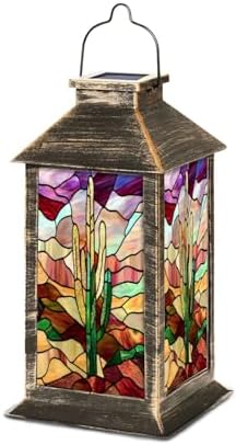 Solar Lantern Bold Serene Stained Glass Western Desert Landscape Art Outdoor Waterproof Garden Hanging Lantern Solar Powered Lighting Outside Table Lamp for Patio Deck Camping 1 Pack by Unknown