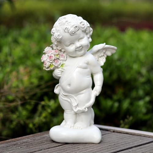 Garden Cupid Angel Statue with Pink Roses, White Cherub Figurine, Outdoor Indoor Decorative Sculpture by WSHMZYHOME