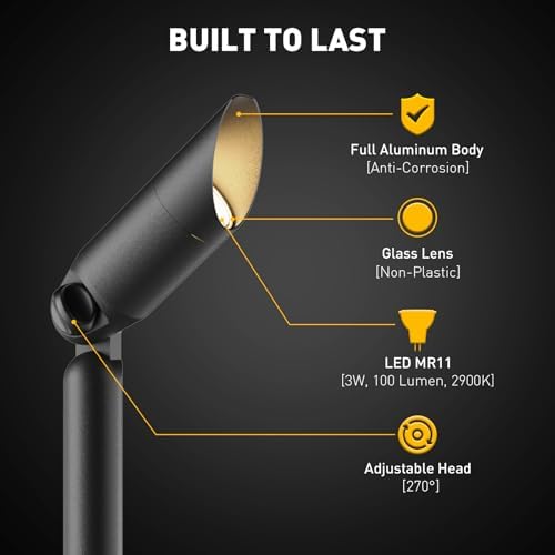 GOLDEN STAR Low Voltage Landscape Lights - 3W 100LM Compact Spotlights, 12V AC Cast Aluminum Accent Lighting, 2900K Warm White, Replaceable MR11 LED Bulb, with Reinforced Stakes - Image 4