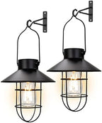 pearlstar Solar Lanterns Outdoor Metal Solar Powered Hanging Lights Waterproof for Wall Barn Yard Garden Patio Garage Balcony Porch Fence Decor, Warm White Edison Bulb (Black-2pack) - Image 2