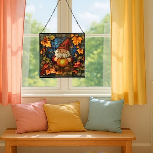 Gnome in Pumpkin Patch Stained Glass Suncatcher – Square Hanging Window Panel for Home or Greenhouse – Whimsical Glass Art Gift for Garden Lovers, Christmas, Halloween, Father Days o4PlUz - Image 5