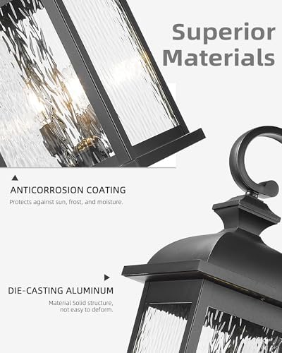 FEMILA 26" Outdoor Wall Light, Large Exterior Wall Lantern with Water Ripple Glass, 3-Light Outdoor Wall Light Fixtures for Entryway, Patio, Garage, Doorway, E12 Base, 4FD54B-L BK - Image 3
