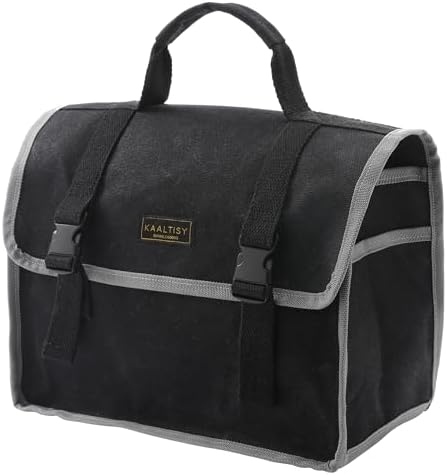 Tool Organizer Bag | 1 Large Pocket Storage Pouch & 2 Side Pockets & Canvas Handle, Heavy Duty 16oz Waxed Canvas Tote Bag, Reusable Tool Carrier for Hand Tools - 11.5"L x 6"W x 7.5"H - Black by Kaaltisy