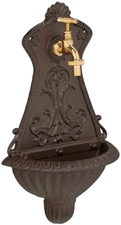 Relaxdays Wall Fountain, Antique Design, Basin & Tap, Water, for Garden & Patio, 42 x 24.5 x 11.5 cm, Cast Iron, Brown, Brass by Relaxdays