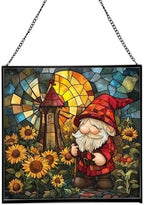 Gnome with Windmill Garden Stained Glass Suncatcher – Square Hanging Window Panel for Home or Greenhouse – Whimsical Glass Art Gift for Garden Lovers, Christmas, Halloween, Father Days HML9Z6 by Custom