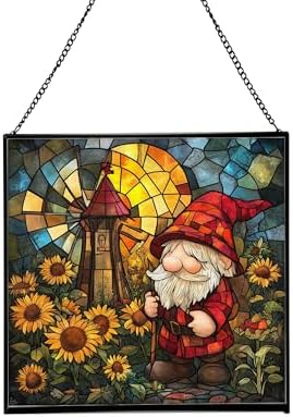 Gnome with Windmill Garden Stained Glass Suncatcher – Square Hanging Window Panel for Home or Greenhouse – Whimsical Glass Art Gift for Garden Lovers, Christmas, Halloween, Father Days HML9Z6 by Custom