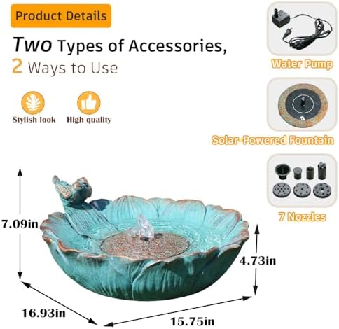 Outdoor Solar Bird Bath with Water Pump Fountain, Two Usage Modes for Hummingbird, 16.9"W Solar Powered Birdbath, Sunflower with bird, 7 nozzles Water Feature for Garden Backyard Decor (Peacock Blue) - Image 4