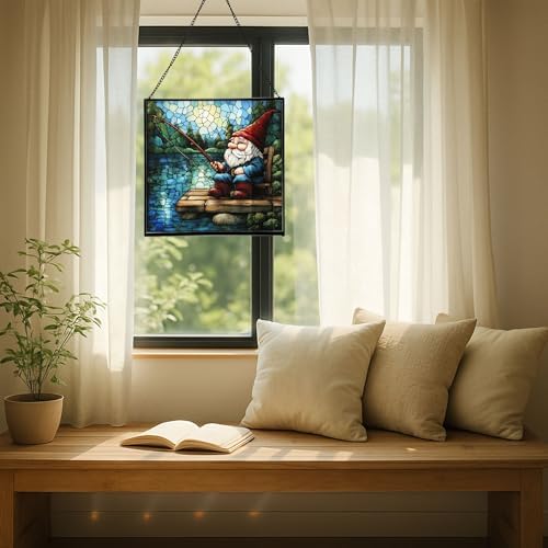 Fishing Gnome by The Lake Stained Glass Suncatcher – Square Hanging Window Panel for Home or Greenhouse – Whimsical Glass Art Gift for Garden Lovers, Christmas, Halloween, Father Days RUy8OS - Image 7