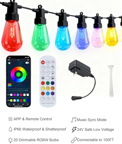 Outdoor String Lights, 50FT RGBW Color Changing Patio Lights with Remote and APP, Dimmable IP65 Waterproof Shatterproof LED Lights for Backyard Garden Party Decor - Image 2