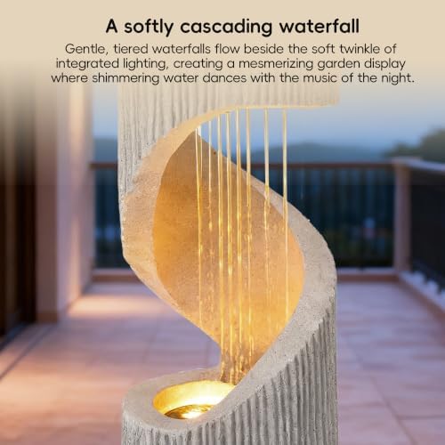 Modern S-Shaped Outdoor Fountain with LED Light, 40 inch Tall Spiral Column Waterfall Feature with Flat Top for Plant Display, Decorative Water Fountain for Garden, Patio - Image 3