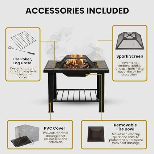 Fire Pit - 30-Inch Outdoor Firepit Table with Screen, Cover, and Poker - Outdoor Fire Pits for Backyard, Deck, Patio, or Porch by Pure Garden (Black) - Image 4