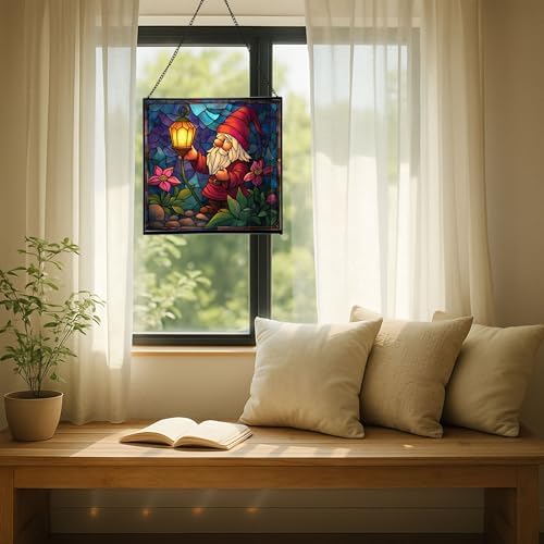 Candlelight Gnome Night Stained Glass Suncatcher – Square Hanging Window Panel for Home or Greenhouse – Whimsical Glass Art Gift for Garden Lovers, Christmas, Halloween, Father Days H1M9Wh - Image 7