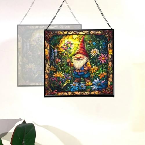 Midsummer Gnome Garden Stained Glass Suncatcher – Square Hanging Window Panel for Home or Greenhouse – Whimsical Glass Art Gift for Garden Lovers, Christmas, Halloween, Father Days P6KAqe - Image 4