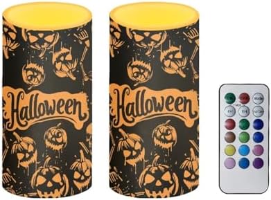 Set of 2 Flameless Candles with Remote Halloween Pumpkin Battery Operated Candles with Timer Flickering LED Elictric Pillar Lights for Trick or Treat Party Home Banquet Decor by Merkmak