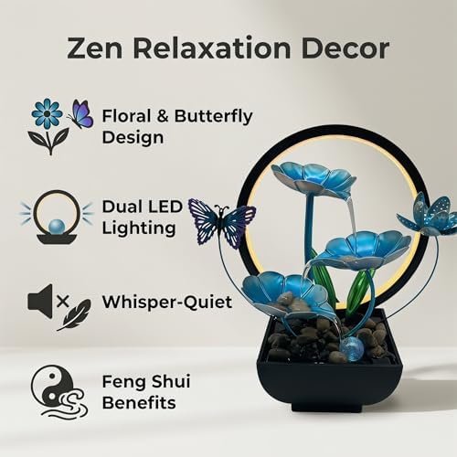 Tabletop Fountain,Indoor Water Fountain,Home Fengshui Décor Zen Relaxation Soothing Sound Machine for Office,Living Room,or Bedroom,Blue Lotus with Butterfly,River Rocks,10.2inch - Image 4