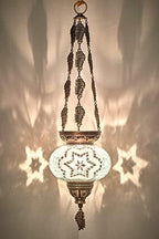 DEMMEX Turkish Moroccan Mosaic Hanging Candle Holder Decorative Lantern with Colorful Mosaic Glass Globe and Metal Leaf Chains, Handmade in Turkey, 24" H, White - Image 3