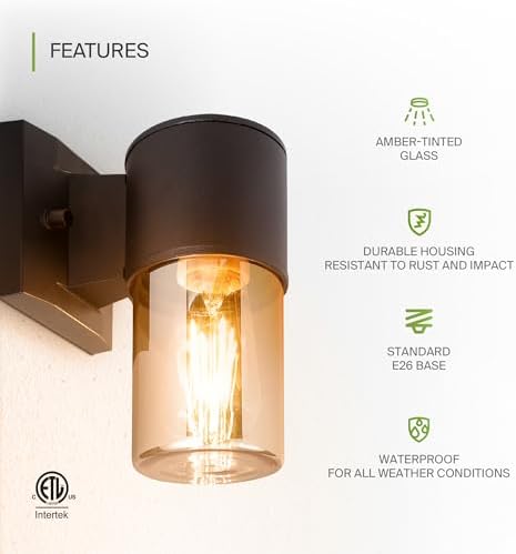 ASD Amber Glass Outdoor Wall Lights - 60W 120V E26 Base ETL Exterior Lighting Fixtures, LED/CFL/Incandescent Bulb Outdoor Lights for House, Waterproof Patio Wall Sconces & Porch Decor 2 Pack - Image 3
