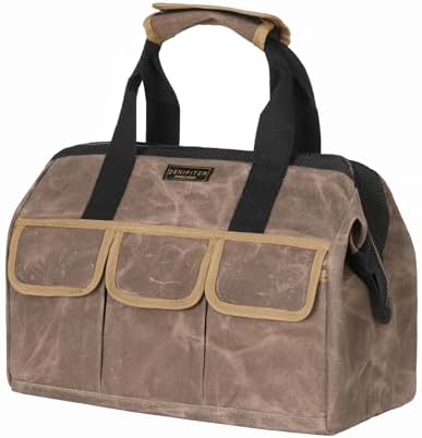 Tool Bag, Durable 16oz Waxed Canvas Wide Mouth Water-Resistant Electrician Tool Bag, Tool Tote with Handle for Tools, Wrenches, Screwdrivers (15 X 7.8 X 11.5 Inch) | Grey by Denifiter