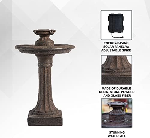 XBrand 28" Solar Bird Bath Fountain for Outdoor Garden, 1-Tier Resin Water Fountain with Solar Panel Pump, Patio Décor with Auto Shut-Off Feature, Brown - Image 3