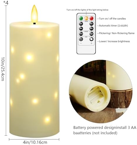 kakoya 10" x 4" Large Outdoor Waterproof Flickering Flameless Candles with Timer,4Pcs Battery Operated LED Pillar Candles with Embedded Star String for Outdoor Lanterns,Porch,Patio Decor(Ivory) - Image 5