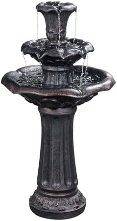 Teamson Home Lily Flower Floor Pedestal 3 Tiered Floor Waterfall Fountain with Pump for Outdoor Patio Garden Backyard Decking, 38 Inch Height, Dark Gray by TeamsonHome